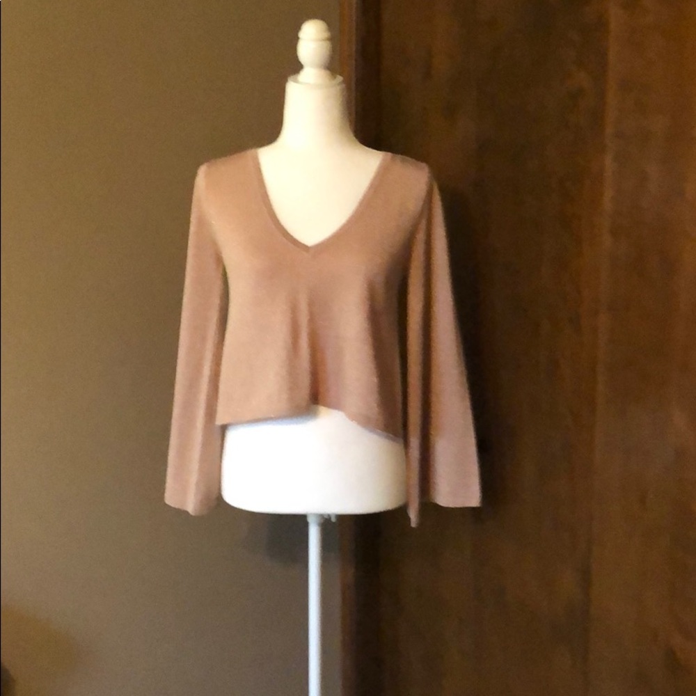 Crop top v-neck sparkly pink bell sleeves top💃
